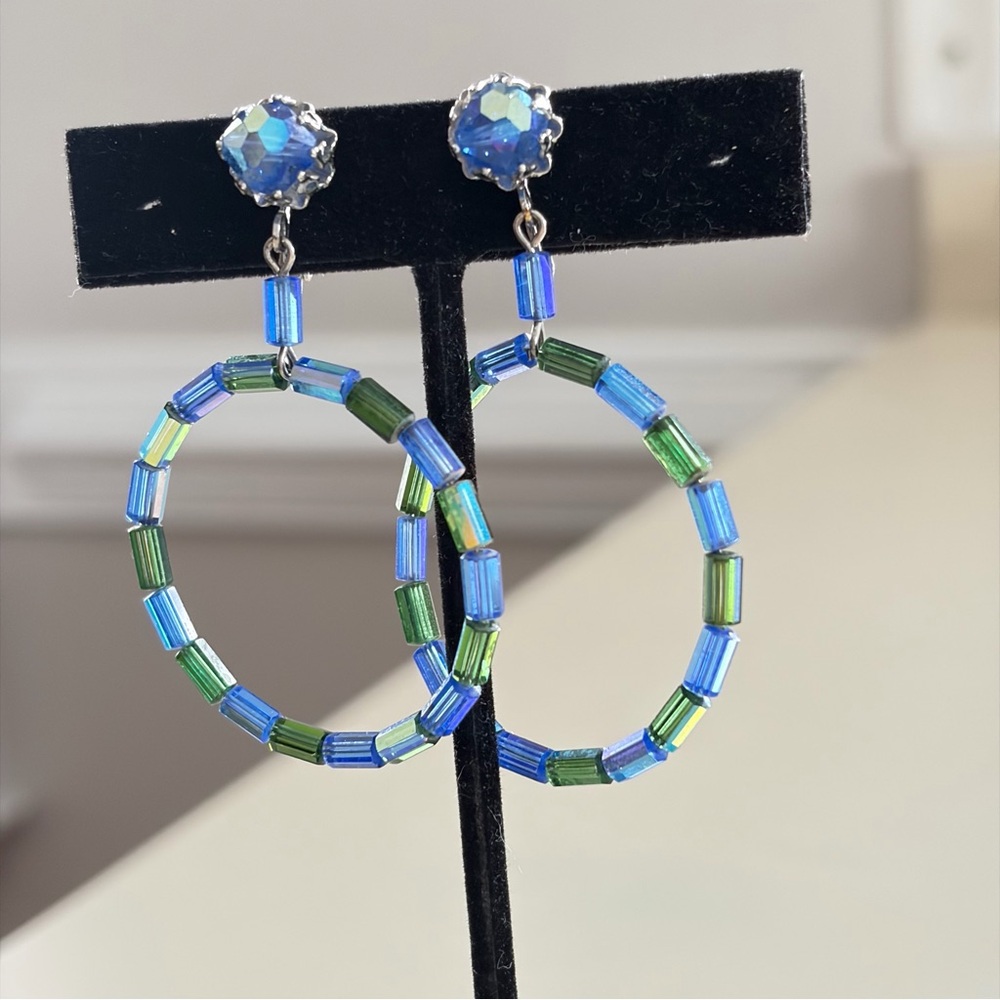 VENDOME Vibrant Blue and Green Beaded Earrings. Large hoops. Clip ons